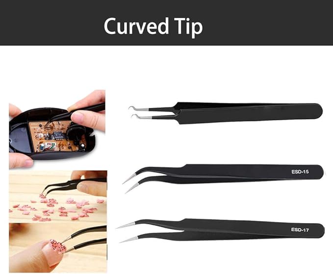 BOENFU Precision Tweezers Set 12 PCS Electronic Tweezers ESD 11, 12, 13, 15, 17 Pointed Tip Tweezers Kit for Electronics,Soldering, Craft, Jewelry, Ingrown, Eyelash