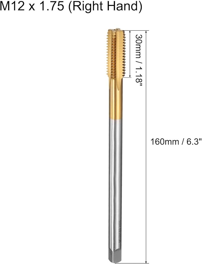 uxcell Metric Thread Tap M12 x 1.75 H2 160mm Straight Flute Screw Thread Milling Machine Taps Threading Tapping Repair Tool