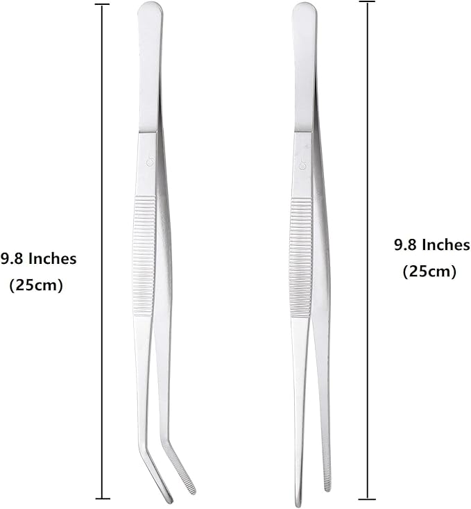 Miupoo Long Handle Stainless Steel Paint Straight and Curved Tweezers Nippers,Extra Long Precision Craft Tweezers Set with Serrated Tips,Silver,2 pieces,9.8Inches
