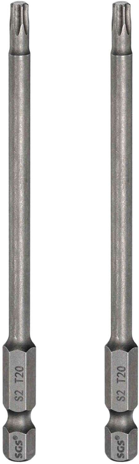 HARFINGTON 2pcs T20 Torx Head Screwdriver Bit 1/4" Hex Shank 4" (100mm) Long Magnetic No Hole Tip Tamper Proof 6 Point Star Screw Driver Drill Bits S2 Steel Industrial Power Screwdrivers