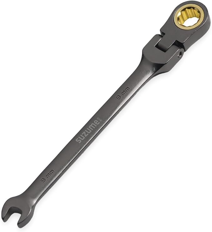 SUZUME 9mm Flex Head Ratcheting Wrench Metric 72 Teeth Cr-V Steel 15K+ Cycle Locked Gears with 180째 Flexible Head Black Nickel Coating