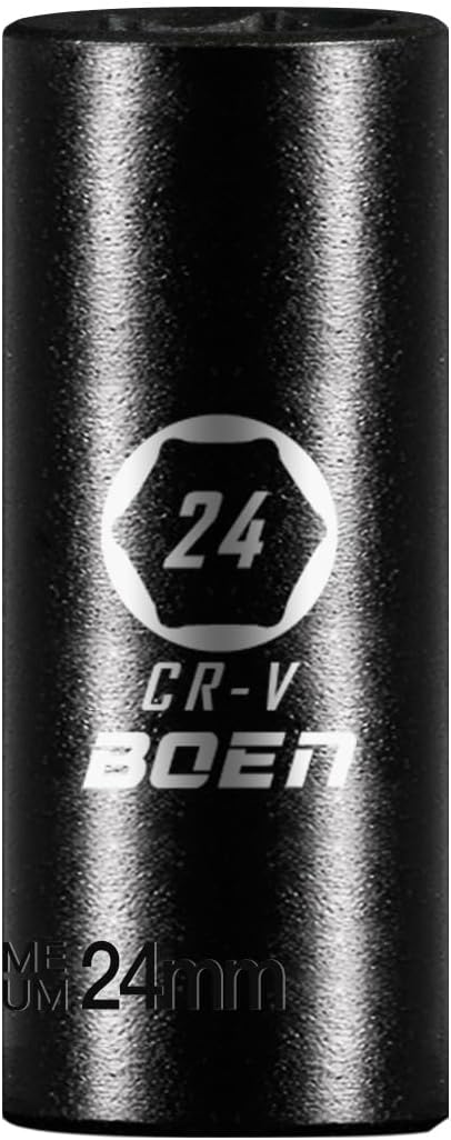 BOEN 1/2" Drive Deep Impact Sockets,Premium Impact Socket,24mm Socket,Metric,6 Point,Cr-V Steel with Laser Marking - Strong and Durable
