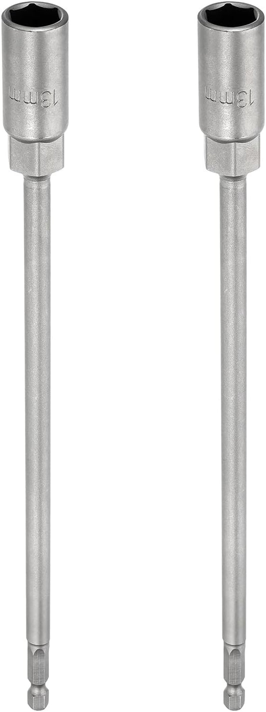 HARFINGTON 2pcs Nut Driver Drill Bit 13mm Metric Socket 1/4" Hex Shank 10" (250mm) Extra Long Magnetic 6-Point Sockets Quick Change 40Cr Steel Bolt Setters for Power Drill Drivers