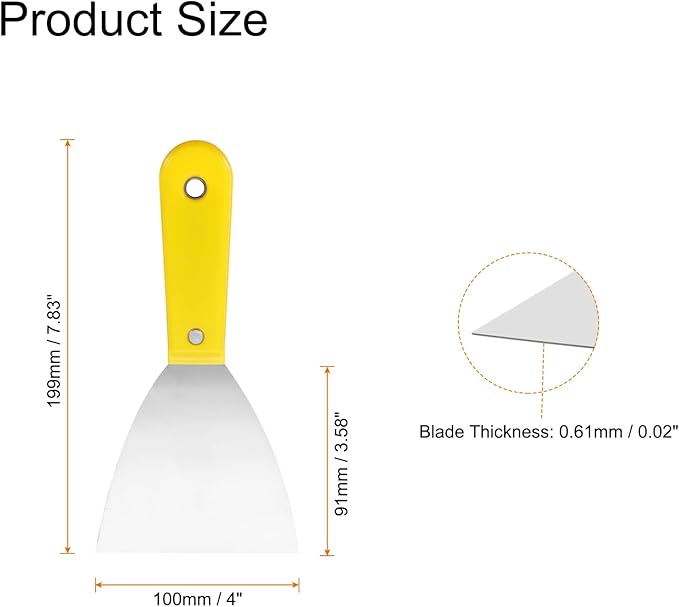 HARFINGTON Carbon Steel Putty Knife 4" Plastic Handle Spreading Drywall Flex Putty Scraper for Wallpaper Wall Taping Scraping Paint, Yellow