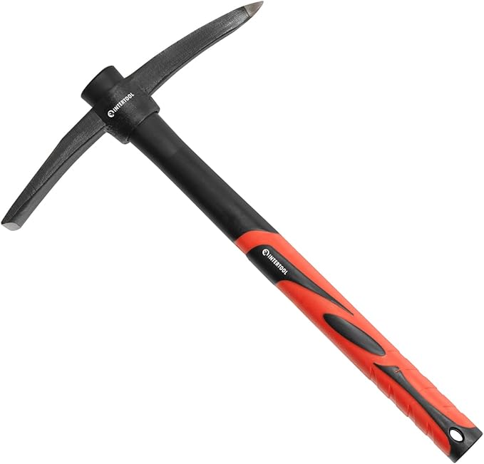 INTERTOOL Small Pick Axe -15-Inch Forged Steel Weeding Mattock Adze Hoe 1.5 lb with Anti-Slip Fiberglass Handle - Heavy-Duty Garden Tool for Roots, Rocks, Digging & Camping HT08-0303