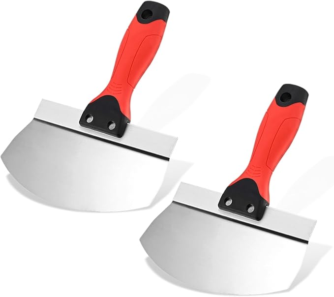 Mgoodoo 2PCS Stainless Steel Bucket Scoop,6.5 inch Curved Contoured Blade Putty Knife for Drywall & Plaster,Rustproof Scraper Tools with Soft-Grip Handle for Clean Paint,Mortar,Putty,etc(Red)