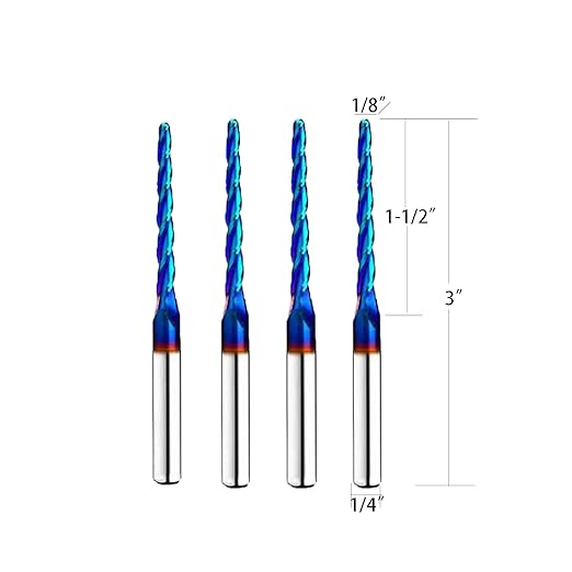 4PCS Ball Nose 1 Degree End Mill Cutter CNC Router Bits Spiral Milling Tool with Nano Blue Coating 1/8 Cutting Diameter 1/4 Inch Shank 3 Inch Overall Length STQ444