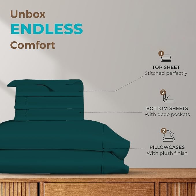 Split Queen Sheets for Adjustable Beds 5-Piece Split Queen Sheet Set, 800 Thread Count 100% Egyptian Cotton,12" Deep Pocket Adjustable Bed Sheets, Teal Solid
