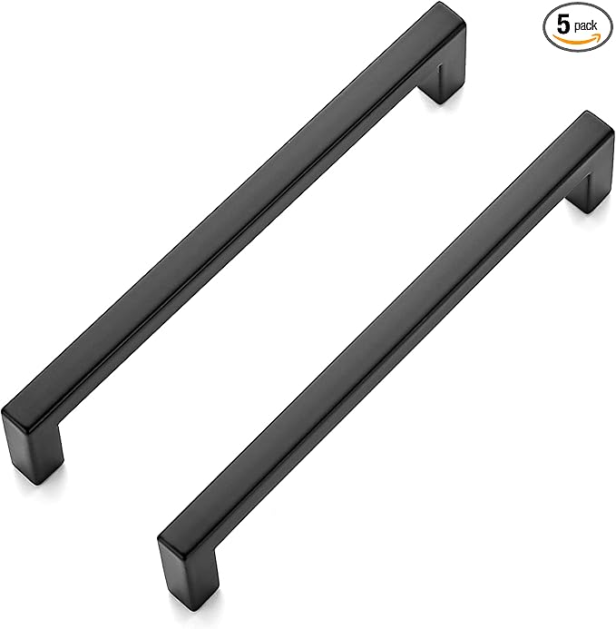 Ravinte 5 Pack 5 Inch Hole Center Solid Slim Square Pulls Matte Black Kitchen Cabinet Handles Square Bar Drawer Handles Flat Black Drawer Pulls for Cupboard Dresser and Cabinets