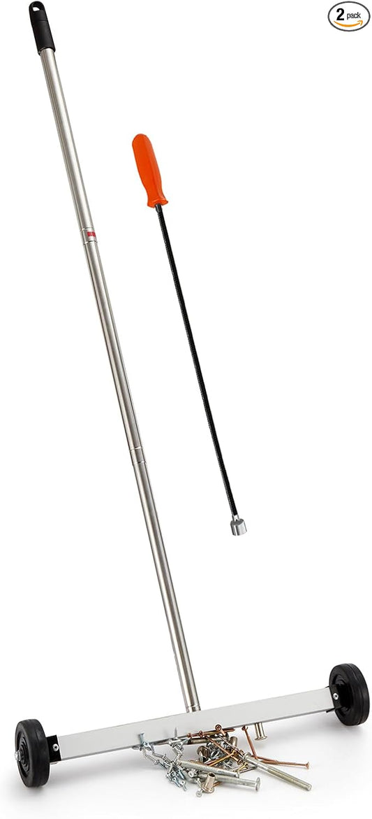 Magnetic Sweeper Pickup Tools set of 2 - Yard Heavy-Duty Magnet Sweeper with Telescoping Holder and Wheels; Flexible Magnet Stick Pick Up Nails,use for Mechanic,Automotive,Construction,Lawn,Roofing
