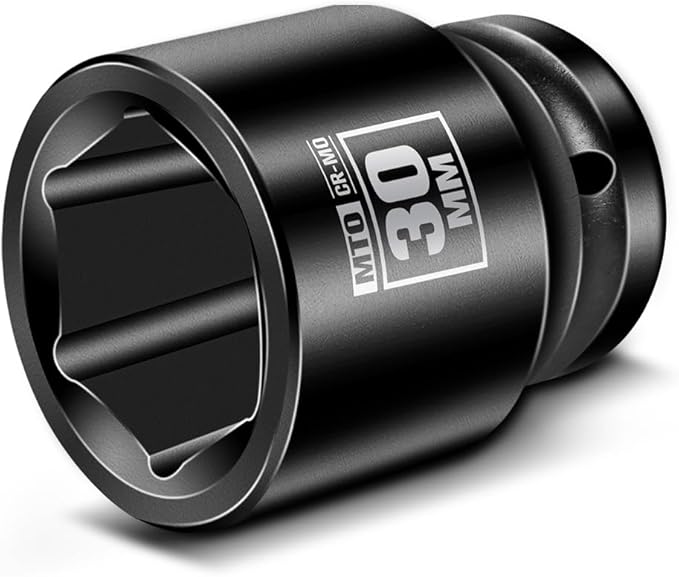 MTO 1/2" Drive 30mm Shallow Impact Socket, 6-Point Metric Socket, CR-MO Steel & Anti-Corrosion Coating for Tight Spaces and Heavy-Duty Tasks