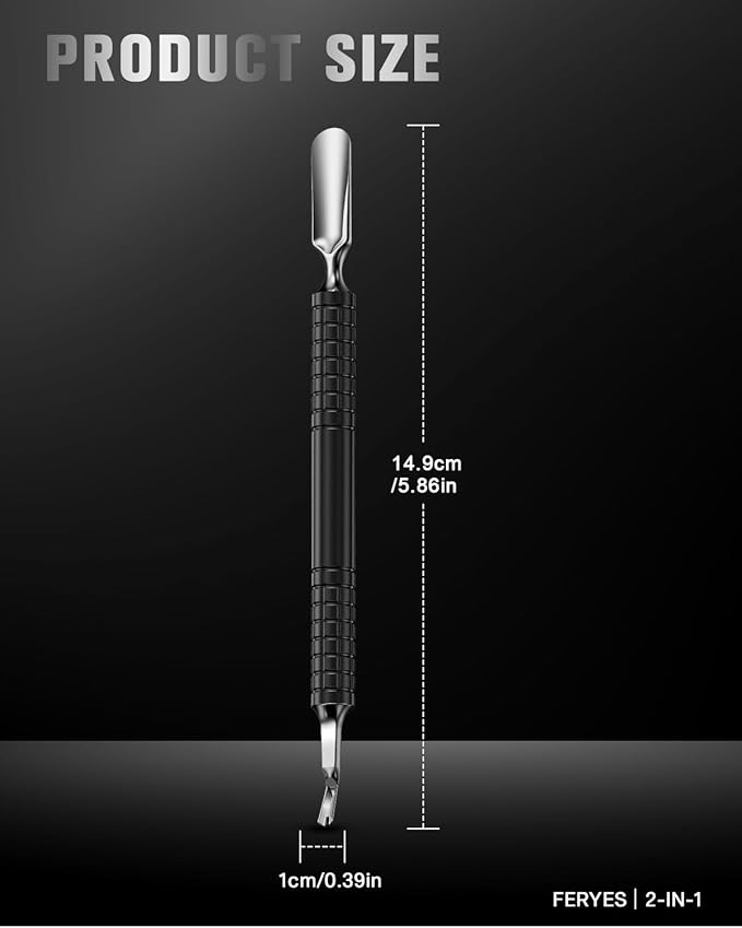 FERYES Cuticle Pusher with Fork, 2-in-1 Cuticle Remover Tool, Upgraded Stainless Steel Cuticle Trimmer Nail Care Tool for Manicures- Black(5.8 Inches）