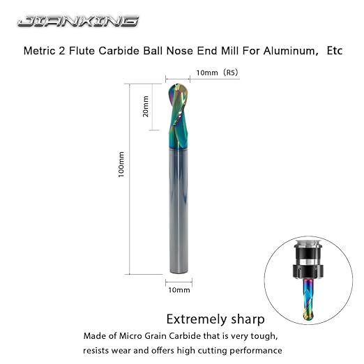 10mm R5 Extra Long DLC Coated 2-Flute Carbide Ball Nose End Mill, 100mm OAL, Ideal for Aluminum, Copper Alloys & Plastic Machining?밐igh Precision & Wear-Resistant Cutting Tool(1 Pack)