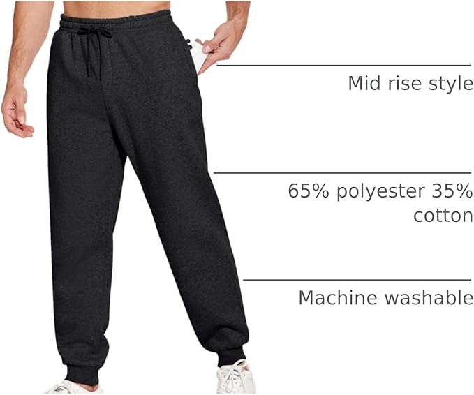 PINSPARK Men's Fleece Joggers with Zipper Pockets Tapered Sweatpants Cotton Sweat Pants for Mens Heavyweight Lounge Pants