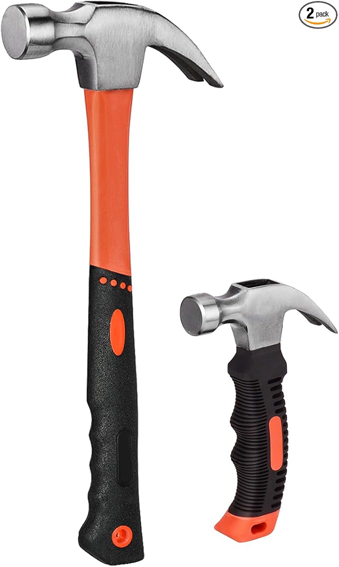 2 Piece Hammer Set,includes 1 Pack 8 OZ Mini Stubby Claw Hammer and 1 Pack 16 OZ Fiberglass General Purpose Claw Hammer,Soft Nonslip Handle & Heat Treated Head,Heavier for Higher Hardness
