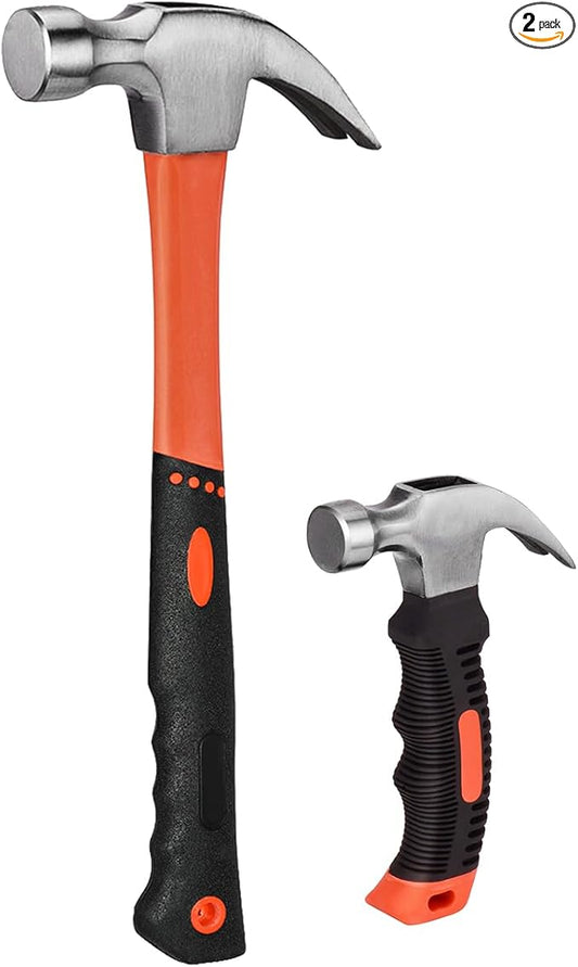 2 Piece Hammer Set,includes 1 Pack 8 OZ Mini Stubby Claw Hammer and 1 Pack 16 OZ Fiberglass General Purpose Claw Hammer,Soft Nonslip Handle & Heat Treated Head,Heavier for Higher Hardness