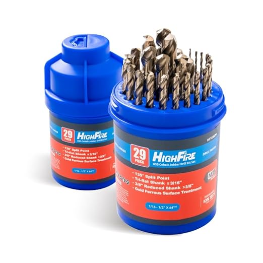 HIGHFIRE 29 PCS M35 Cobalt Drill Bit Set, HSS Twist Jobber Drill Bits with 135 Degrees Split Point and Three-Flat Shank, 3/8??Reduced Shank, Gold Oxide Metal Drill Bits Set (1/16??- 1/2??x 1/64??