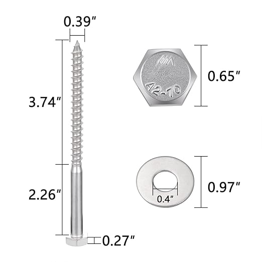 20 Pcs M10x6 Inch Lag Bolts 304 Stainless Steel 18-8 Heavy Duty Lag Screws for High Strength Large Wooden Structure Fixing Grape Trellises Heavy Duty Outdoor Frames