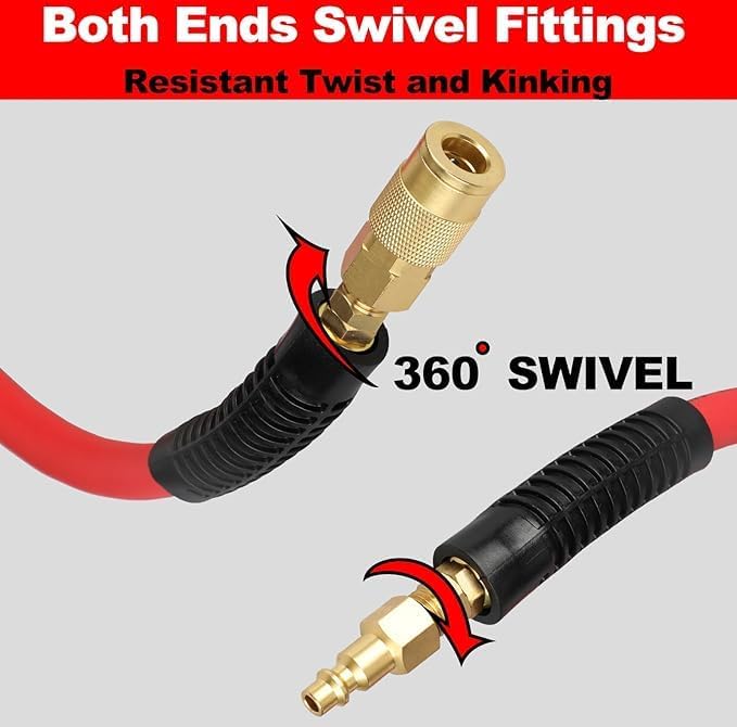 Keepro Hybrid Air Hose, Flexible 3/8 Inch ID x 6 Feet Long Lead-in Short Air Compressor Hose with Swivel Solid Brass 1/4" Industrial Quick Coupler and Plug, 300 PSI Maximum Pressure, Red