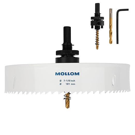 Mollom (181mm | 7-1/8") HSS M42 with 8% Cobalt BI-Metal Hole Saw with 2 Pilot Drill Bits & Arbor Smooth Cutting for PVC,Drywall,Wood,Plastic,Gypsum Board,Rubber