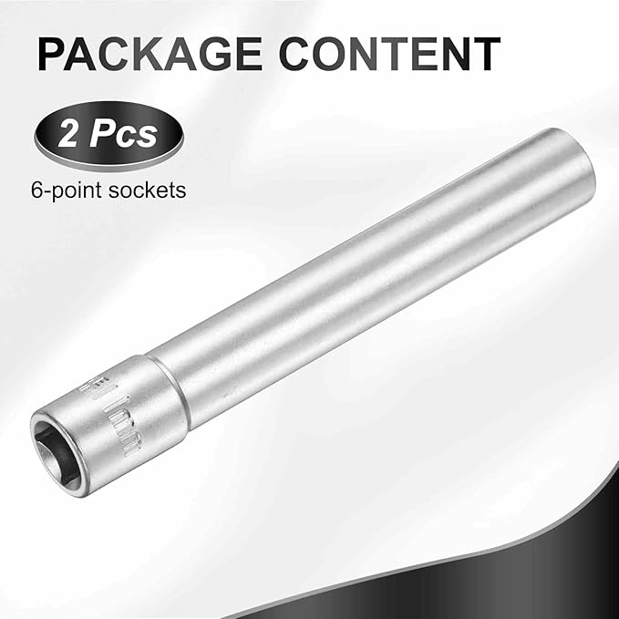 HARFINGTON 2pcs 6 Points Deep Socket 3/8" Drive 11mm Deep Metric CR-V Steel Polished Nickel Plating Flip Sleeve 120mm / 4.7" Extra Long Socket Tool for Home Auto Nuts Bolts Repair