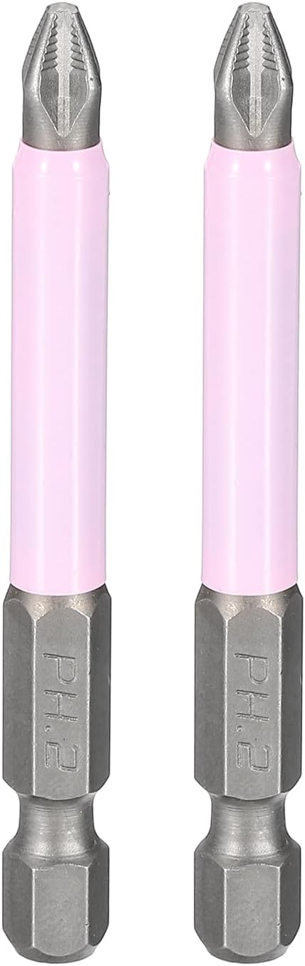 HARFINGTON 2pcs #2 Phillips Impact Screwdriver Bit PH2 1/4" Hex Shank 2.6" (65mm) Magnetic Anti Slip Cross Head Drill Bits K5 Steel Screw Driver Tool, Pink