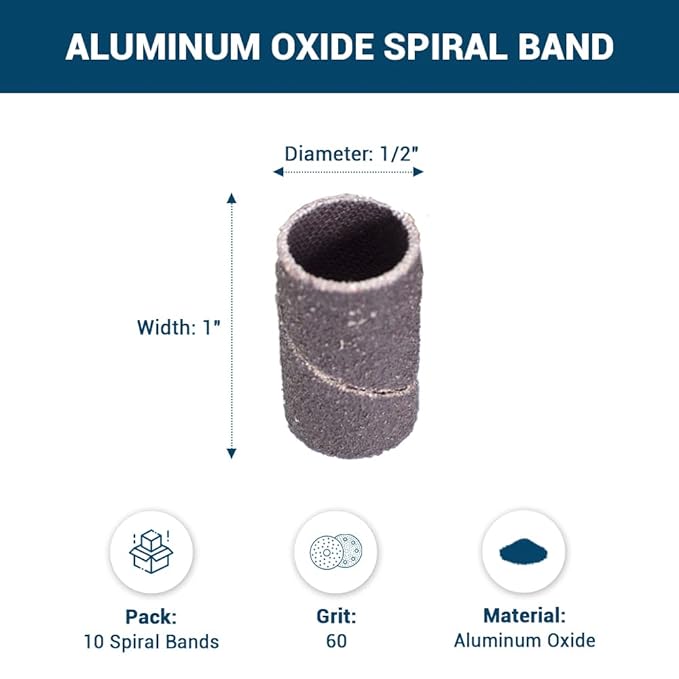 Benchmark Abrasives 1/2??x 1??Aluminum Oxide Sanding Bands, Spiral Bands Rotary Sander Attachment for Drill & Die Grinder, Metal Polishing Sanders for Woodworking - Sander Tool (10 Pack), 60 Grit