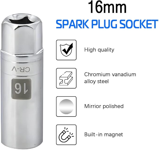 16mm Thin Wall Magnetic Spark Plug Socket 3/8 Inch Drive 12-Point Spark Plug Socket Compatible with BMW, Benz, Mini Cooper, Nissan, Citroen, Infiniti, Renault, Peugeot and some lawn mowers and ATVs