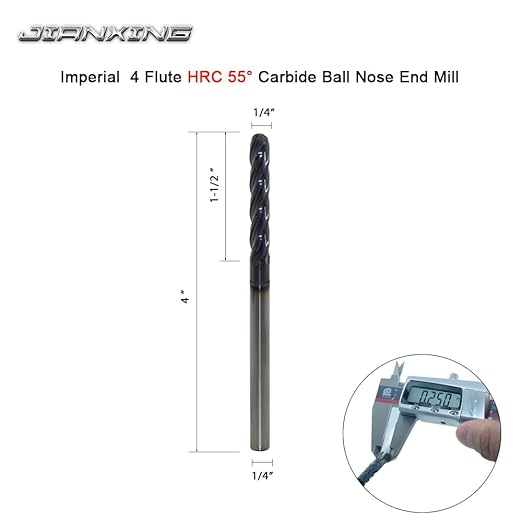 1/4" Extra Long Carbide Ball Nose End Mill for Alloy Steels/Hardened Steels, 4" Overall Length End Mill Bits, 4 Flute HRC 55 Deg AlTiN Coating, CNC Router Bits (1 Pieces)