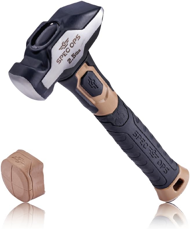 Spec Ops Tools Blacksmith Hammer, 2.5 lb Sledge hammer with Removable Soft Mallet Cap & Bi-Material Shock Absorbing & Vibration Dampening Handle, 3% Donated to Veterans, Black/Tan