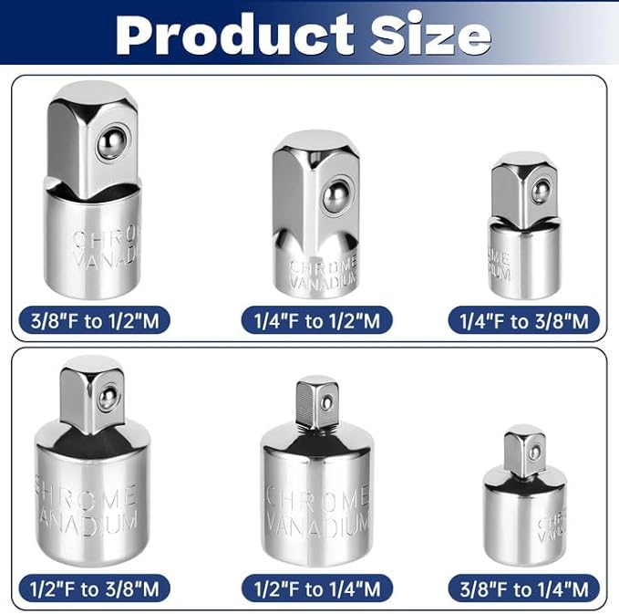 1/4" 3/8" 1/2" Socket Adapter and Reducer Set, 6 Pcs Chromium Vanadium Steel Drive Conversion Adapters, for Automobile Maintenance and Repair, Machinery, Industry, Construction