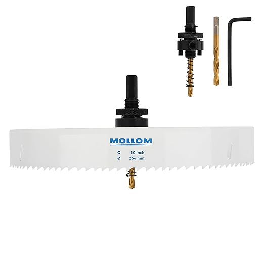 Mollom (254mm | 10") HSS M42 with 8% Cobalt BI-Metal Hole Saw with 2 Pilot Drill Bits & Arbor Smooth Cutting for PVC,Drywall,Wood,Plastic,Gypsum Board,Rubber