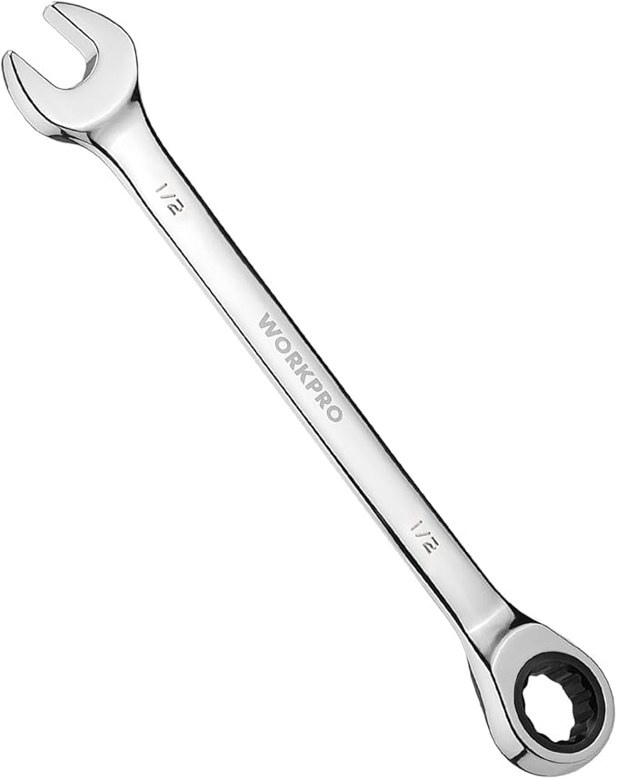 WORKPRO 1/2" Ratcheting Combination Wrench SAE, CR-V Constructed with Mirror Polish Chrome Plating, 12-Point Design, 15-Degree Offset