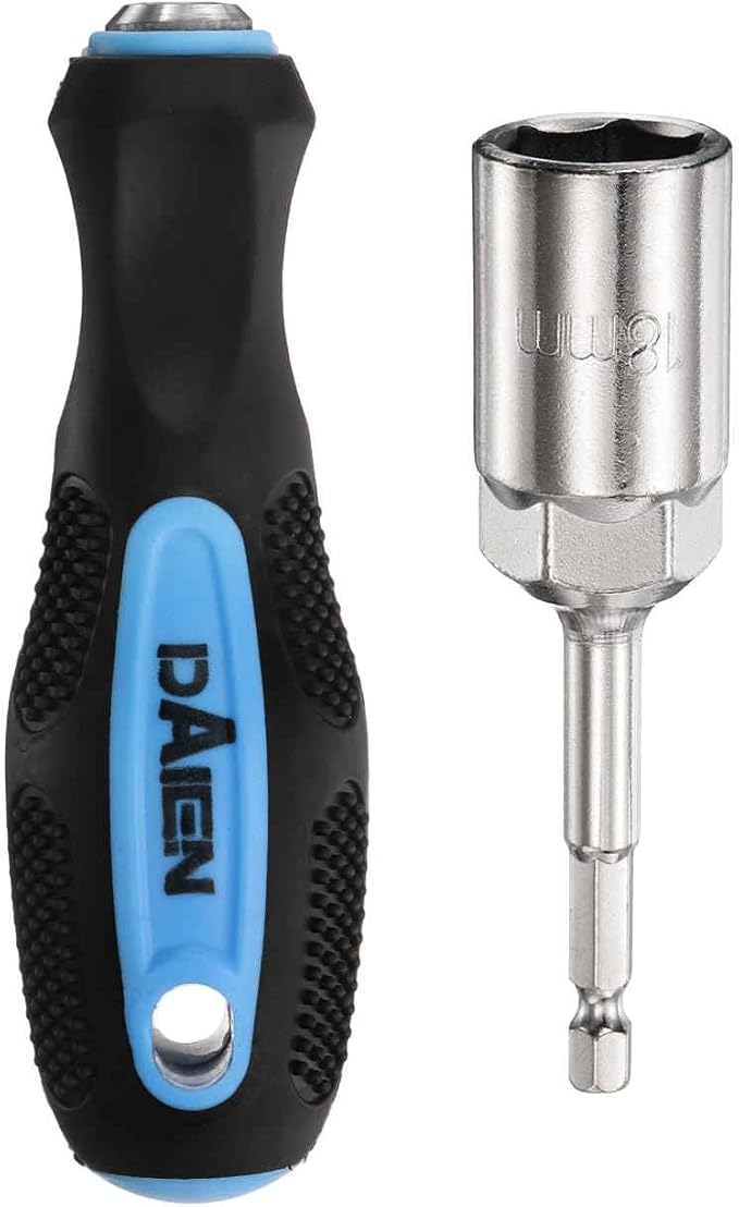 HARFINGTON Metric Nut Driver 18mm CR-V Non-Magnetic Detachable Tip Hollow Shafts Hex Socket Screwdriver with Anti-Slip Handle for Automobile Repair Bit Driver, Blue/Black