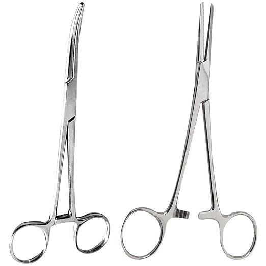 SURGICAL ONLINE 2-Piece Curved & Straight 7" Hemostat Set - Stainless Steel Locking Tweezer Clamps - Ideal Hemostats for Nurses, Fishing Forceps, Crafts and Hobby