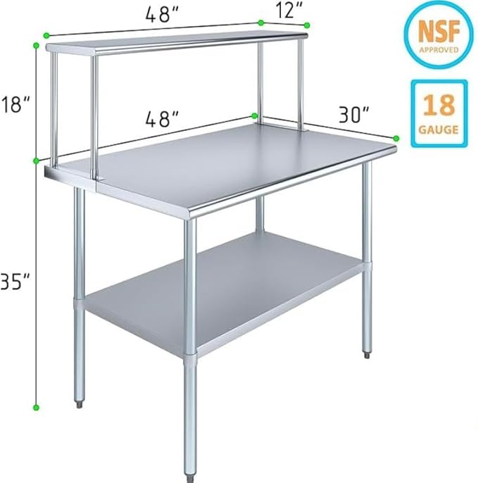 Stainless Steel Work Table with Wide Single Tier Overshelf | Metal Kitchen Prep Table & Shelving Combo (30" x 48" Work Table + 12" Overshelf)