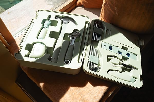 TINKR Modern Tool Box Workstation ??Full Tool Set with Hammer, Ratchet Screwdriver, Allen Keys, Wrench, Knife, Tape Measure, Level, Pliers & Phone Holder