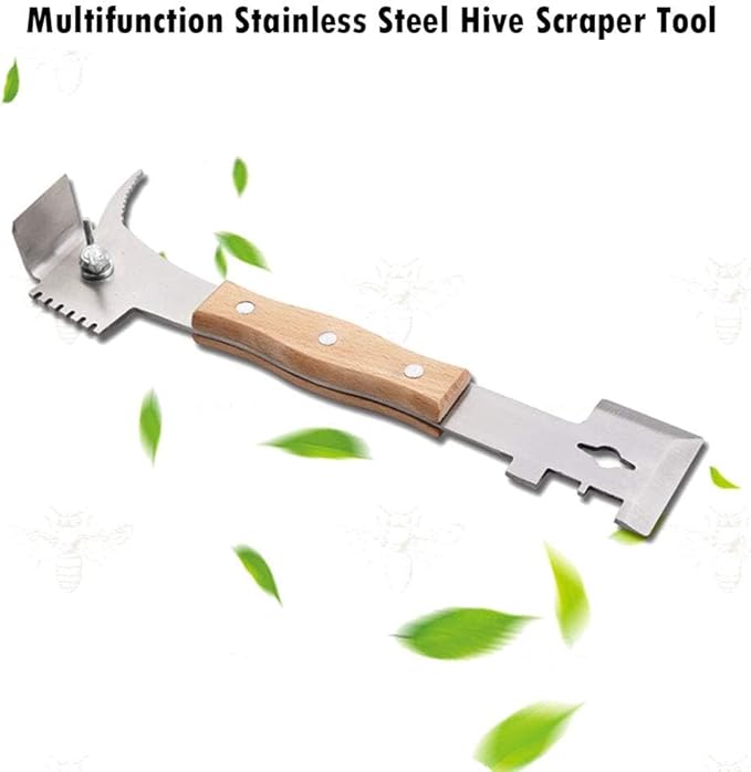 AukBeeFun Multipurpose Steel Hive Tools with Wooden Handle and 7 Functions Beekeeping Hive Scraper Tool Professional Beekeeping Equipment