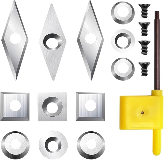 17Pcs Tungsten Carbide Cutters Inserts Set, Lathe Tools for Wood Lathe Turning Tools, Supplied with Screws and Screwdriver (Silver-17Pcs)