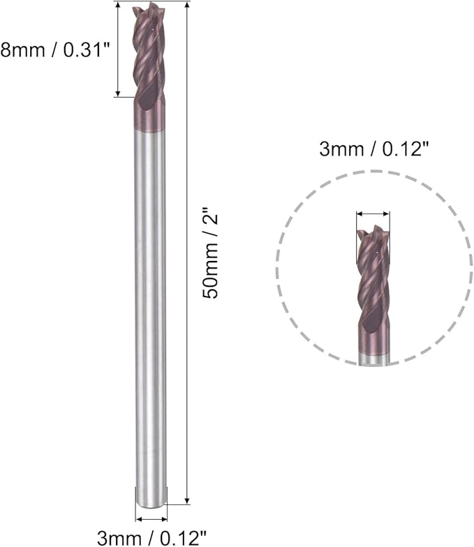 uxcell Square Nose End Mill, 3mm Tip Dia Solid Carbide AlTiN Coated CNC Router Bits 4 Flute Spiral Milling Cutter HRC55 with 3mm Shank 50mm (2-inch) Length