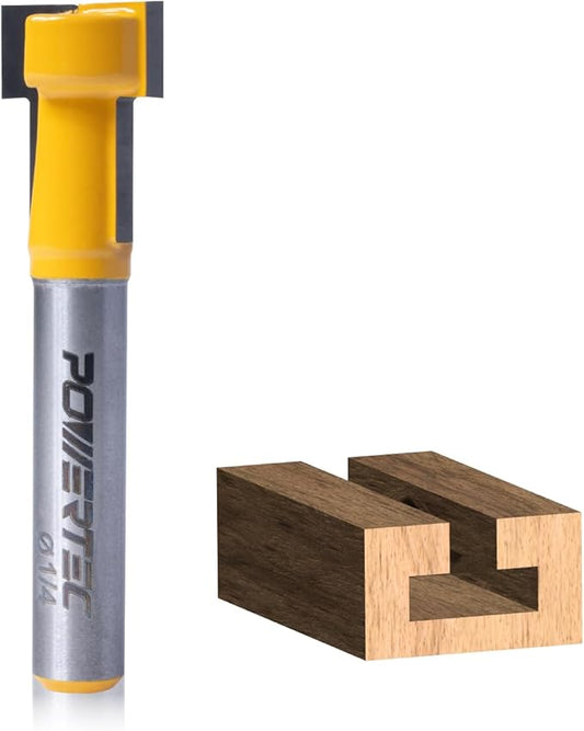 POWERTEC T Track Router Bit, Tungsten Carbide Tipped Router Bit, 1/4" Shank, 1/2" Dia., Slatwall for Picture Frames, T Track Accessories, Compatible with 1/4" T Bolts (73068)