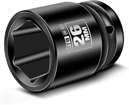 MTO 1/2" Drive 26mm Shallow Impact Socket, 6-Point Metric Socket, CR-MO Steel & Anti-Corrosion Coating for Tight Spaces and Heavy-Duty Tasks