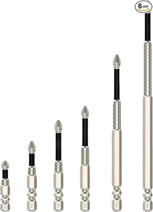 6PCS Magnetic Screwdriver Bit Set, Long Alloy Steel Magnetic Screwdriver Bits PH2 Hex Shank 1/4 Inch Hand Tools 25-150mm High Hardness