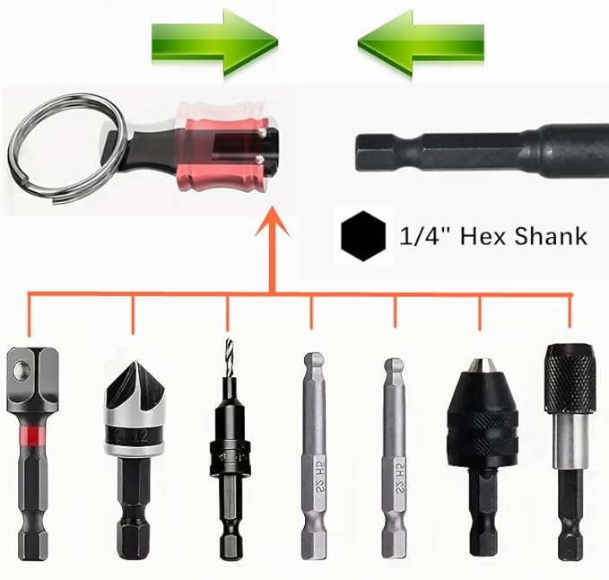 6 Pack 1/4inch Hex Shank Bit Holders with Quick Release Keychain - Aluminum Alloy Drill Bit Carrier for Screwdriver/Nut Driver, Color Coded Tool Organizer