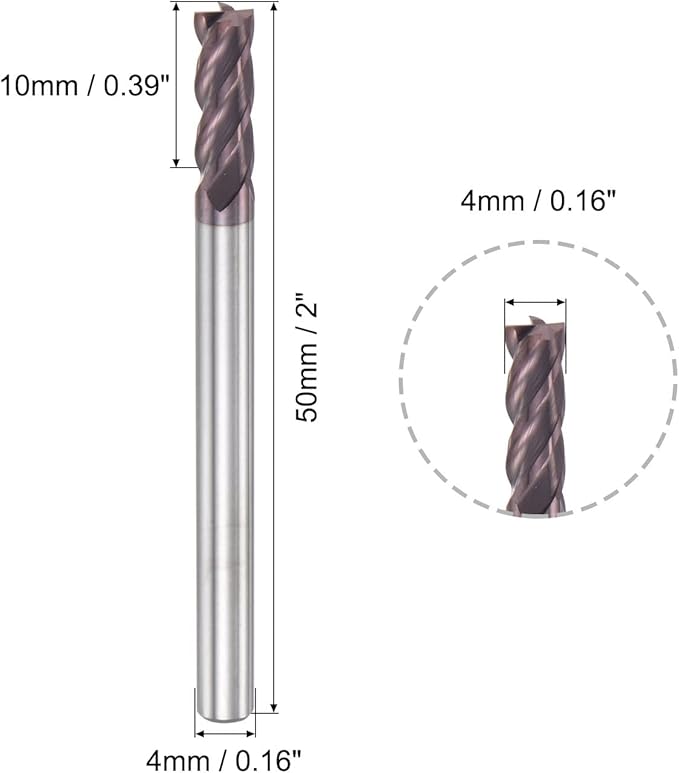 uxcell Square Nose End Mill, 4mm Tip Dia Solid Carbide AlTiN Coated CNC Router Bits 4 Flute Spiral Milling Cutter HRC55 with 4mm Shank 50mm (2-inch) Length