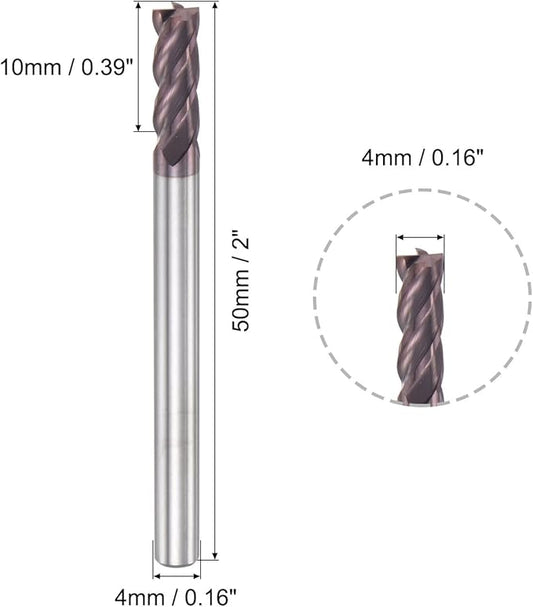 uxcell Square Nose End Mill, 4mm Tip Dia Solid Carbide AlTiN Coated CNC Router Bits 4 Flute Spiral Milling Cutter HRC55 with 4mm Shank 50mm (2-inch) Length