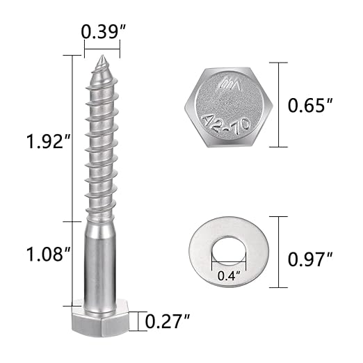 20 Pcs M10x3 Inch Lag Screws Heavy Duty 304 Stainless Steel 18-8 Lag Screws for Load Bearing Wood Components Indoor Outdoor Wooden House Load Bearing Brackets