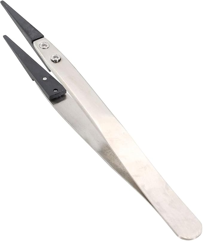 Precision Anti-Static ESD Tweezers for Electronics Repair, Industrial Metal Tweezers for Circuit Board, Mobile Phone, and Clock Maintenance, Silver Black Color(ESD-00)