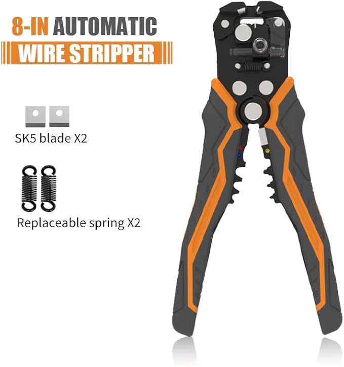 TULEDE Automatic Wire Stripper, 3 in 1 Stripper/Cutter/Crimping Heavy Duty Multi-Function Tool for 8-18 AWG Electrical Wire, Comes with Replaceable Stainless Steel Blades & Springs, 8 Inch