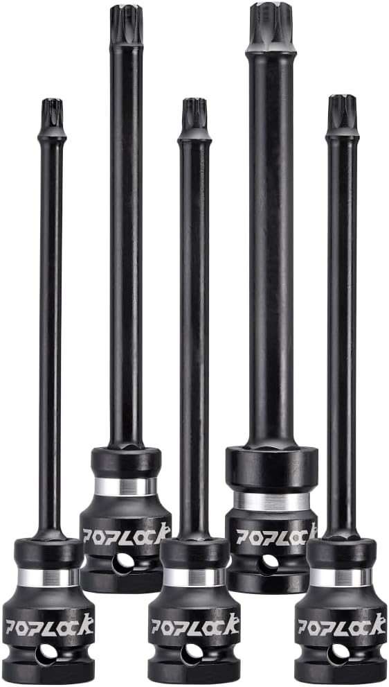 Poplock Impact Driver Set | 5-Piece 쩍 inch Drive Star Bit Set | 150mm Long Impact Driver Bit Set with 6-Lobed Allen Tips for Torx Fasteners T30 T40 T45 T50 T55